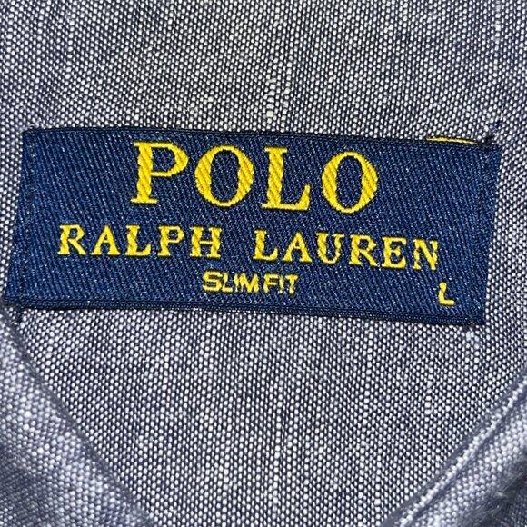 Polo Ralph Lauren Men's Sz Large Slim Fit 100% Linen Chambray Shirt Red Pony EUC - Picture 9 of 12